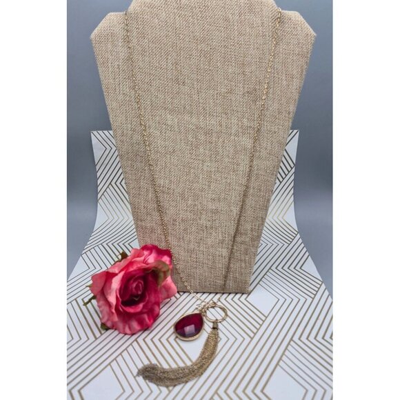Veronese Signed Gold Tone Tassel Red Teardrop & Crystal Pendant Necklace 32" - Picture 8 of 11